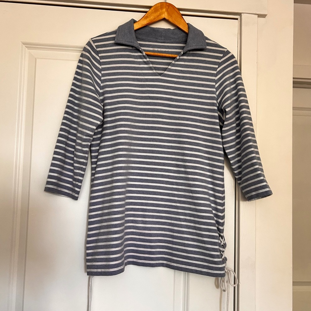 E.L.I. Fisherman Nautical Striped Pima Cotton Collar Lace Up Top Womens Small